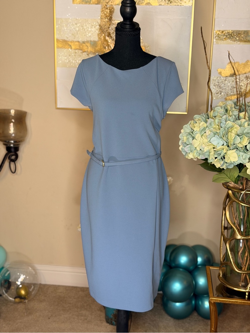 Express Elegant Light Blue Sheath Dress with Belt